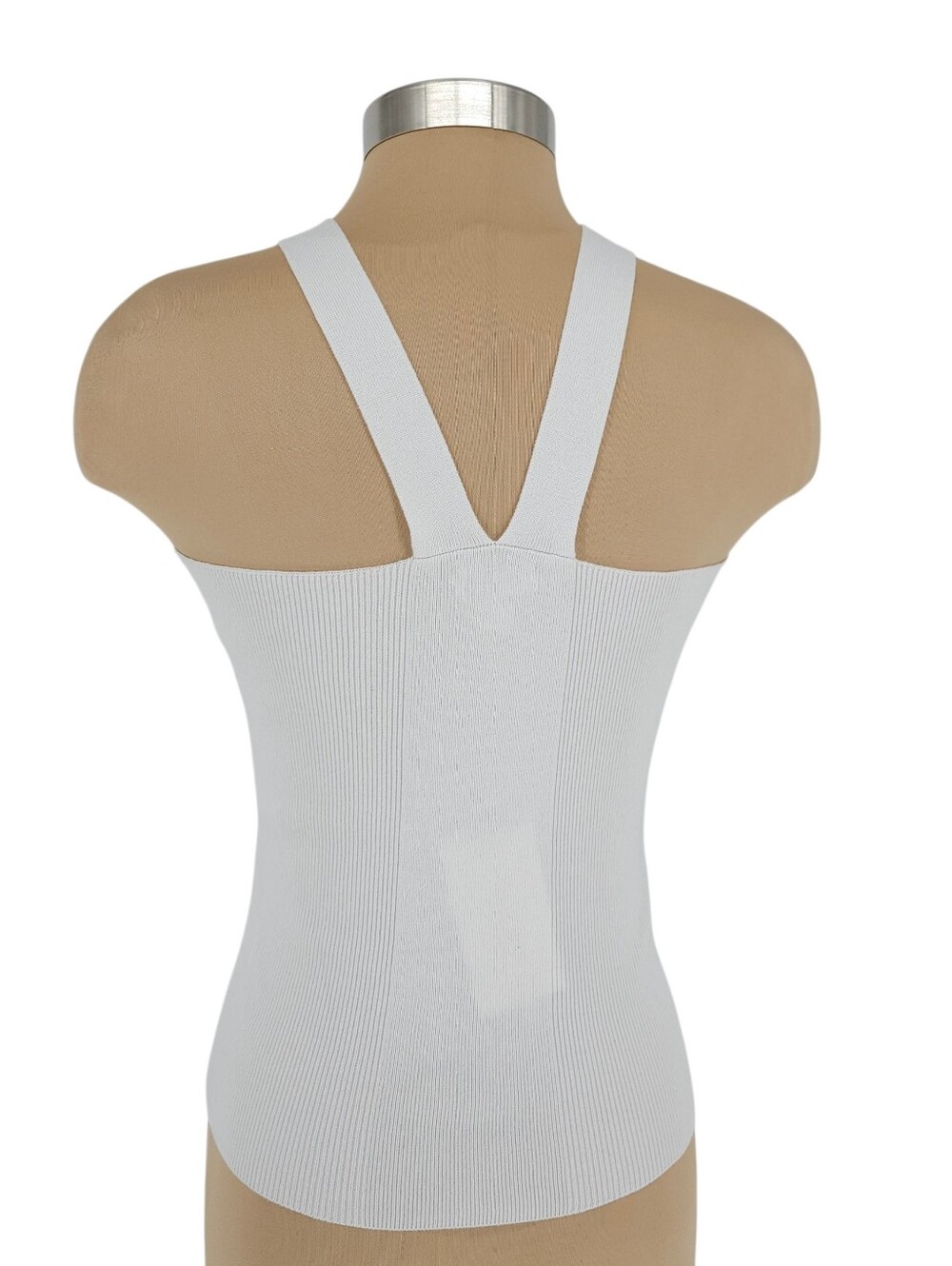 Cache Halter Tank Top White Sleeveless Sexy Stretch Rib Knit V Neck Shirt Small - Picture 3 of 6